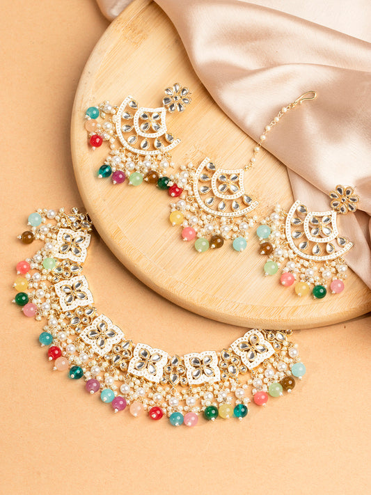 Priyaasi Multi Coloured Gold Plated Kundan Floral Jewellery Set with Maangtika