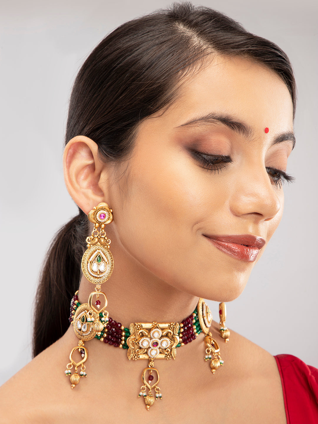Priyaasi Gold Plated Stone Studded Floral Choker Set with Maangtika