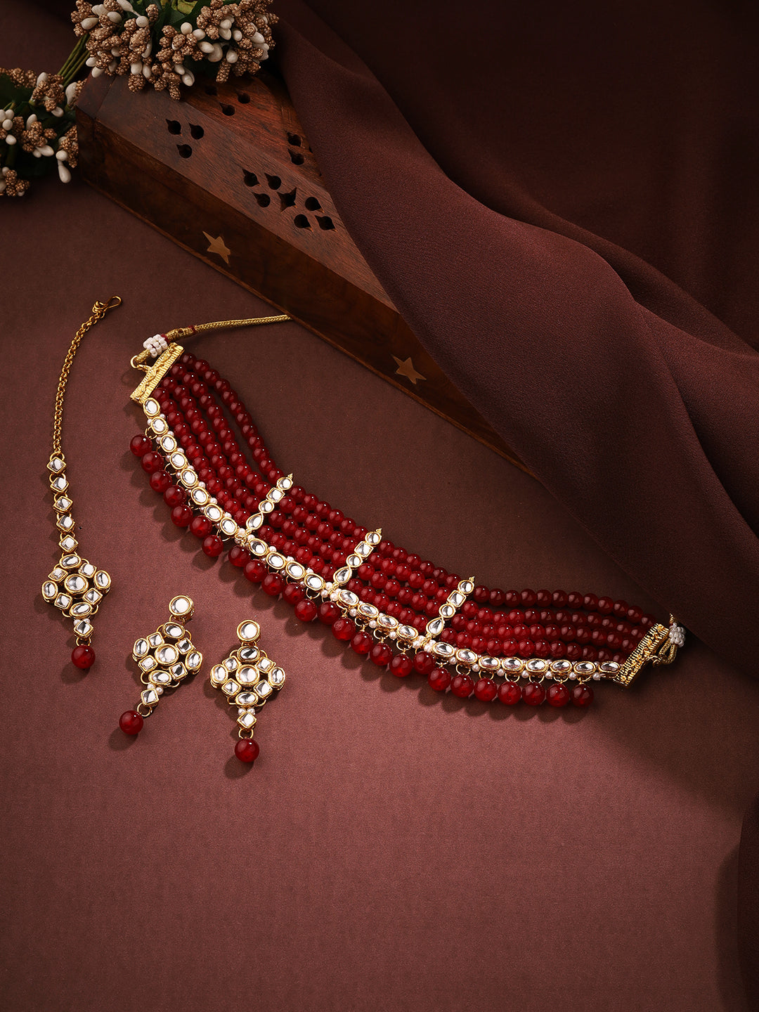 Priyaasi Regal Radiance Kundan and Ruby Jewellery Set with Maangtika