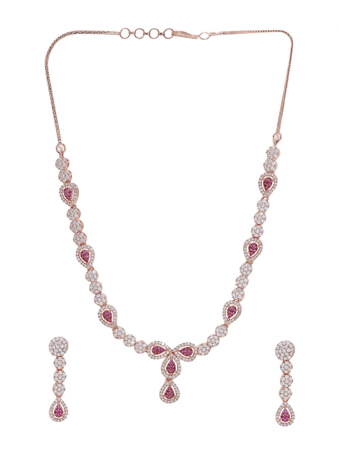 Priyaasi Dazzling Rose Gold-Plated American Diamond and Ruby Jewelry Set