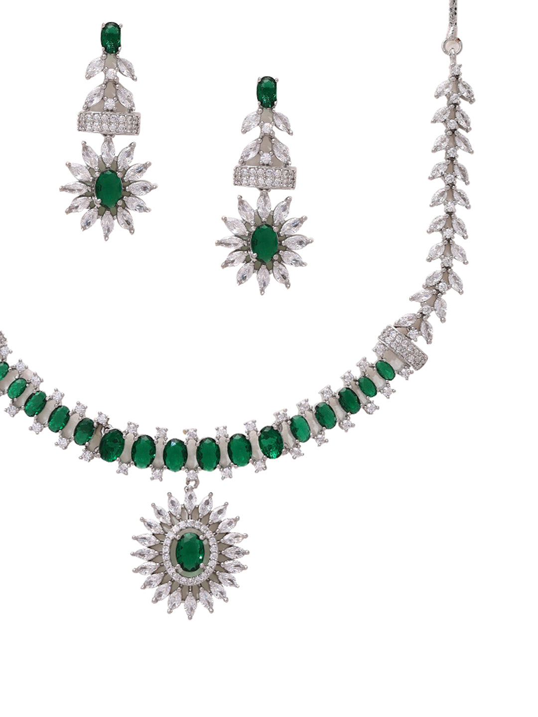 Priyaasi Elegant Harmony with American Diamonds and Green Stones with Silver Plating Jewellery Set