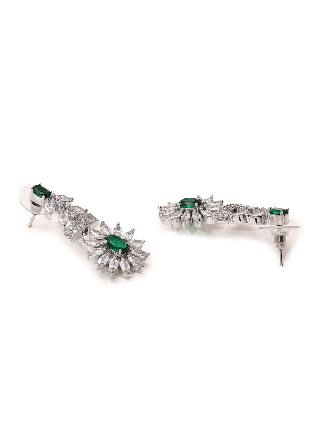 Priyaasi Elegant Harmony with American Diamonds and Green Stones with Silver Plating Jewellery Set