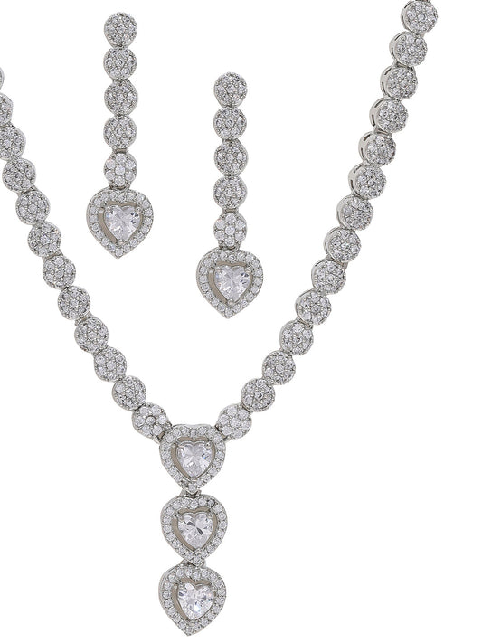 Priyaasi Sterling Silver Plated American Diamond Jewelry Set with Heart-Shaped Brilliance