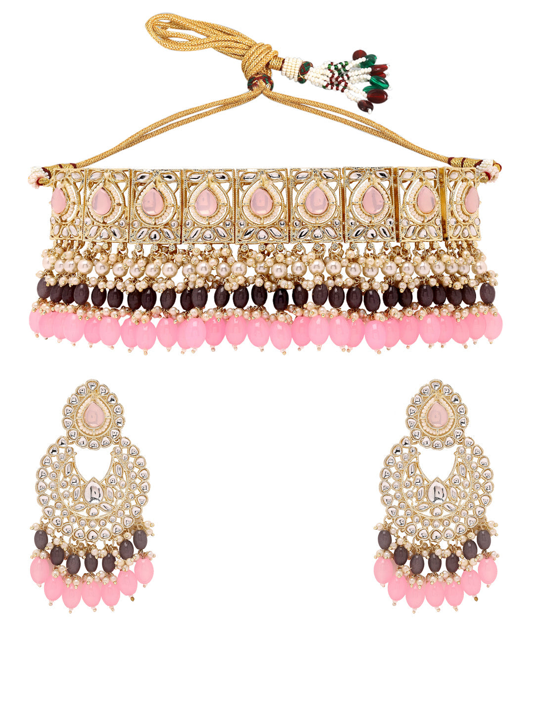 Priyaasi Exquisite Glamour Kundan Choker Set with Chandbali Earrings Adorned with Pink and Grey Stones