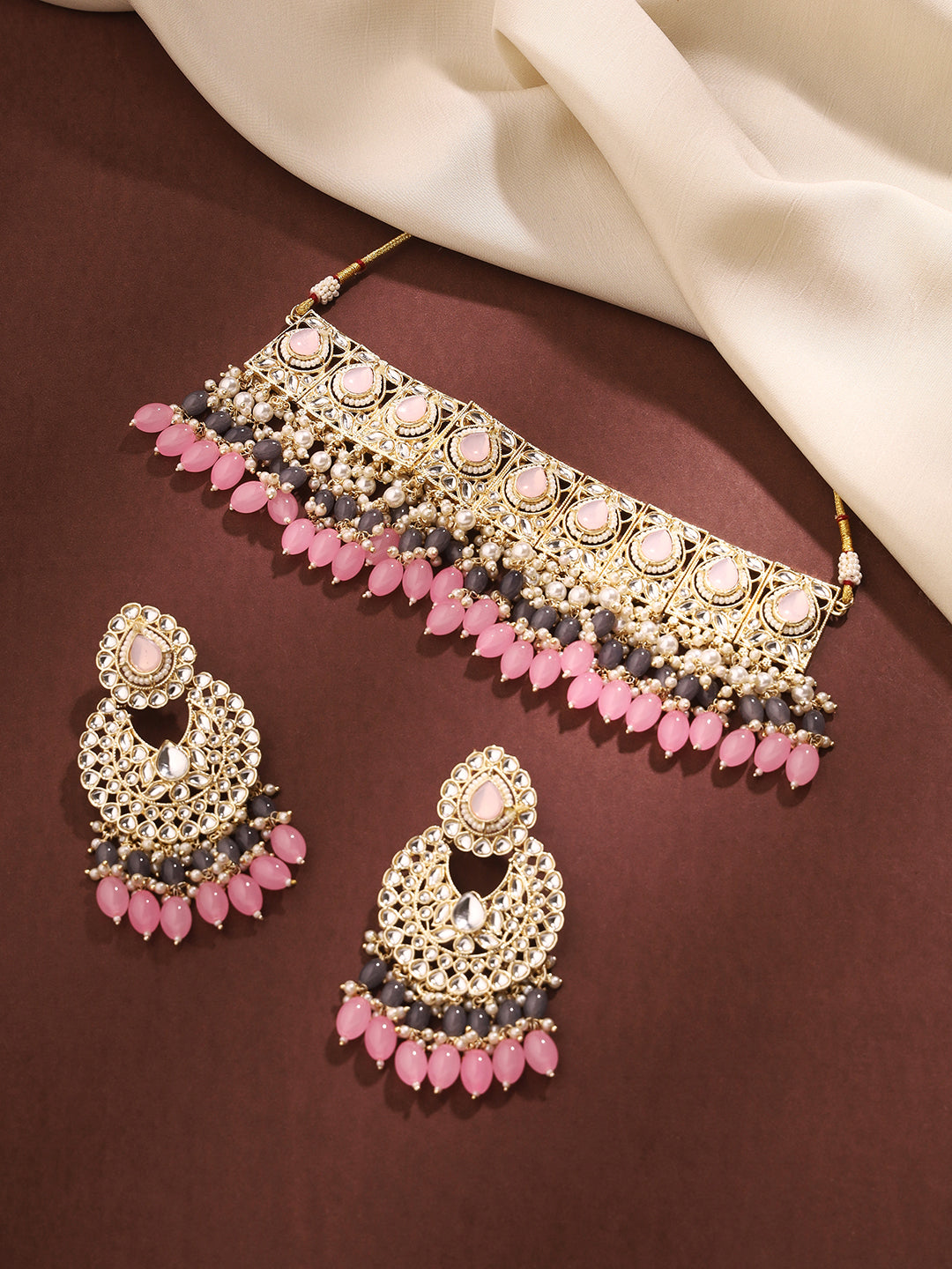 Priyaasi Exquisite Glamour Kundan Choker Set with Chandbali Earrings Adorned with Pink and Grey Stones