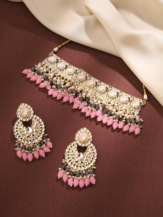 Priyaasi Exquisite Glamour Kundan Choker Set with Chandbali Earrings Adorned with Pink and Grey Stones