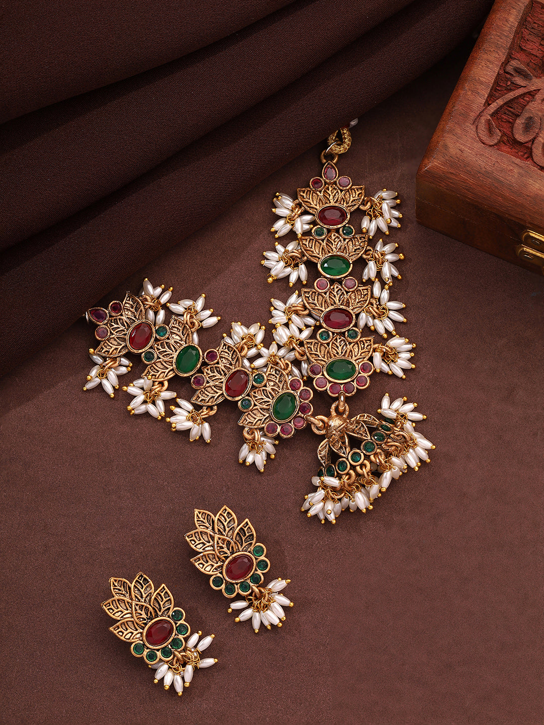 Priyaasi Temple Green and Ruby Stones Jewellery Set