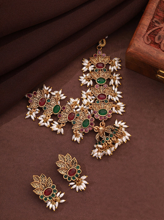 Priyaasi Temple Green and Ruby Stones Jewellery Set