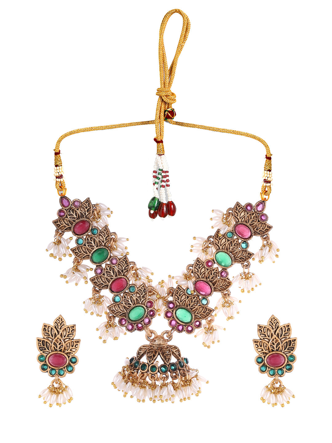 Priyaasi Temple Green and Ruby Stones Jewellery Set
