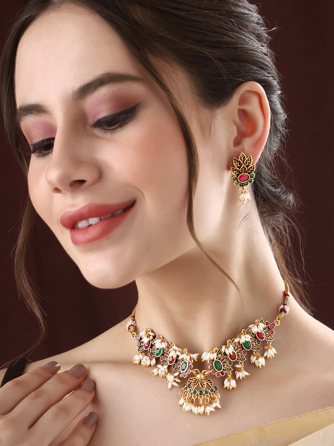 Priyaasi Temple Green and Ruby Stones Jewellery Set
