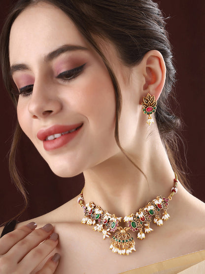 Priyaasi Temple Green and Ruby Stones Jewellery Set