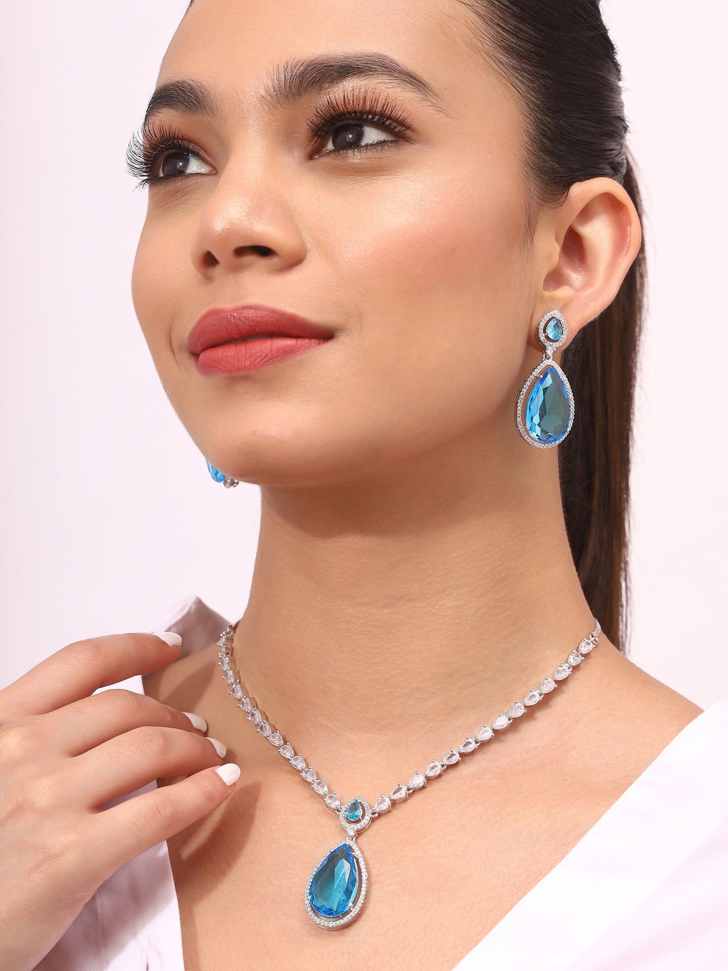 Priyaasi American Diamond Blue Stoned Jewellery Set