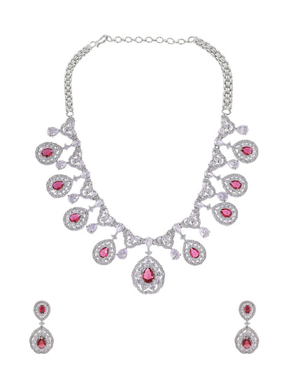 Priyaasi American Diamond Floral Red Jewellery Set