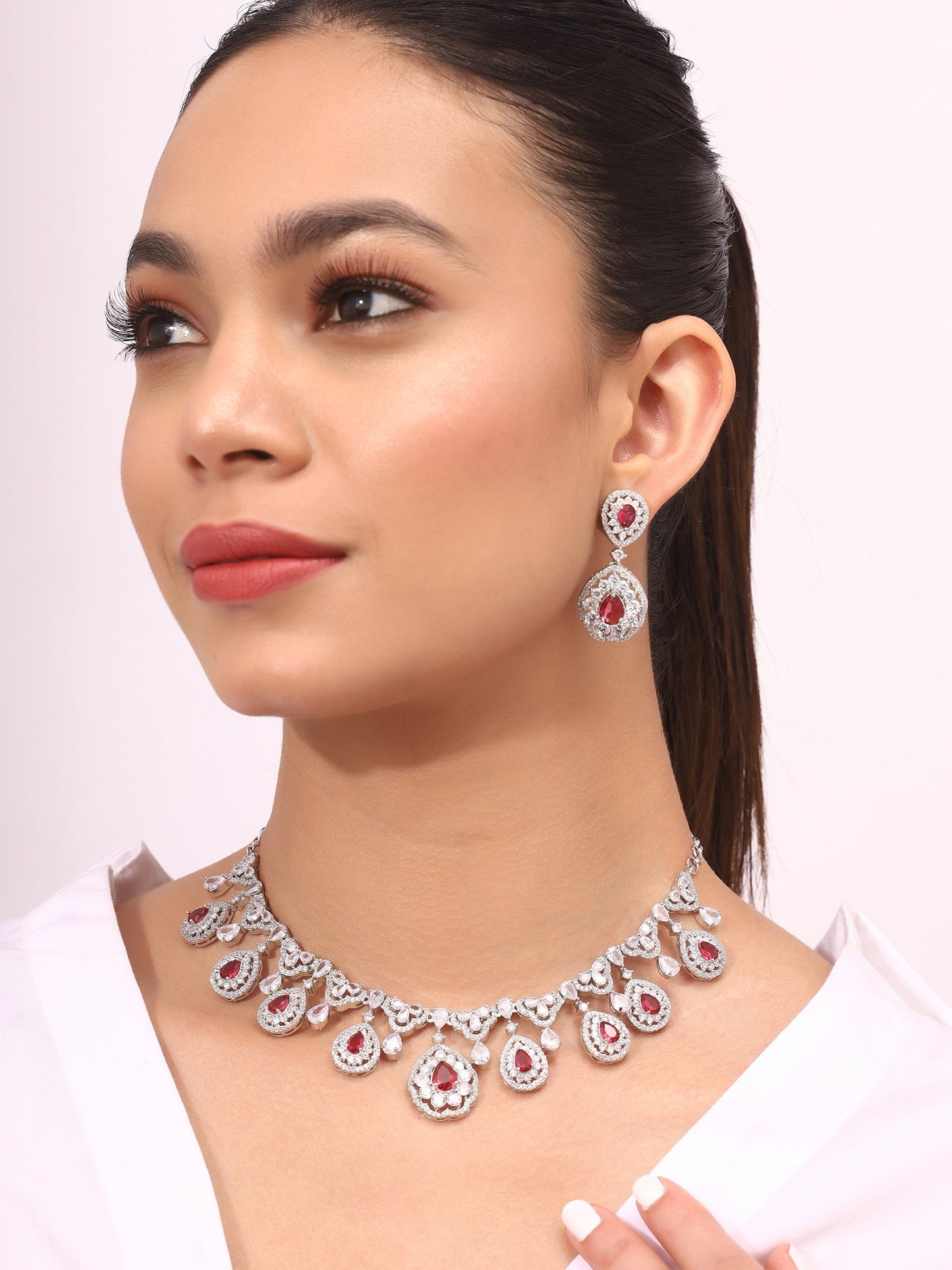 Priyaasi American Diamond Floral Red Jewellery Set