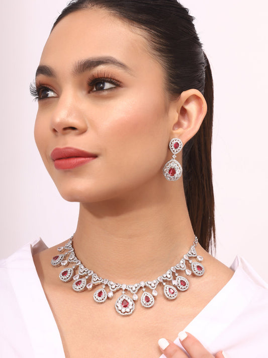 Priyaasi American Diamond Floral Red Jewellery Set