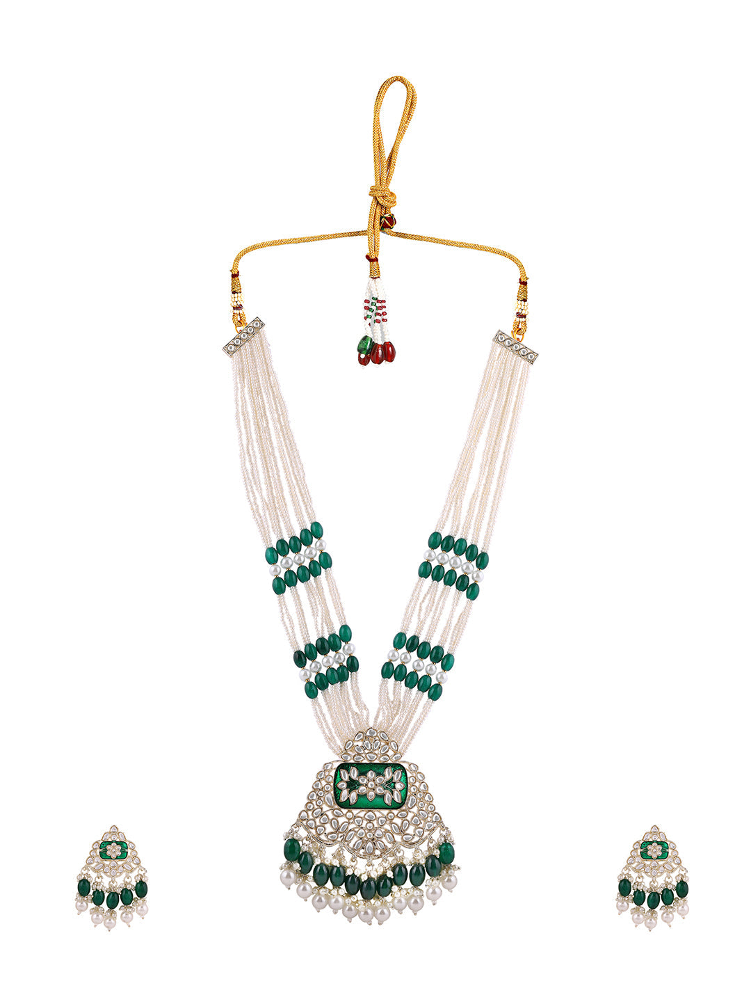 Priyaasi Green Beads Pearl Moti Kundan Jewellery Set