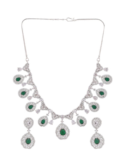 Priyaasi Green AD Stones Drop Style Silver Plating Necklace with Elegant Drop Earrings Jewellery Set