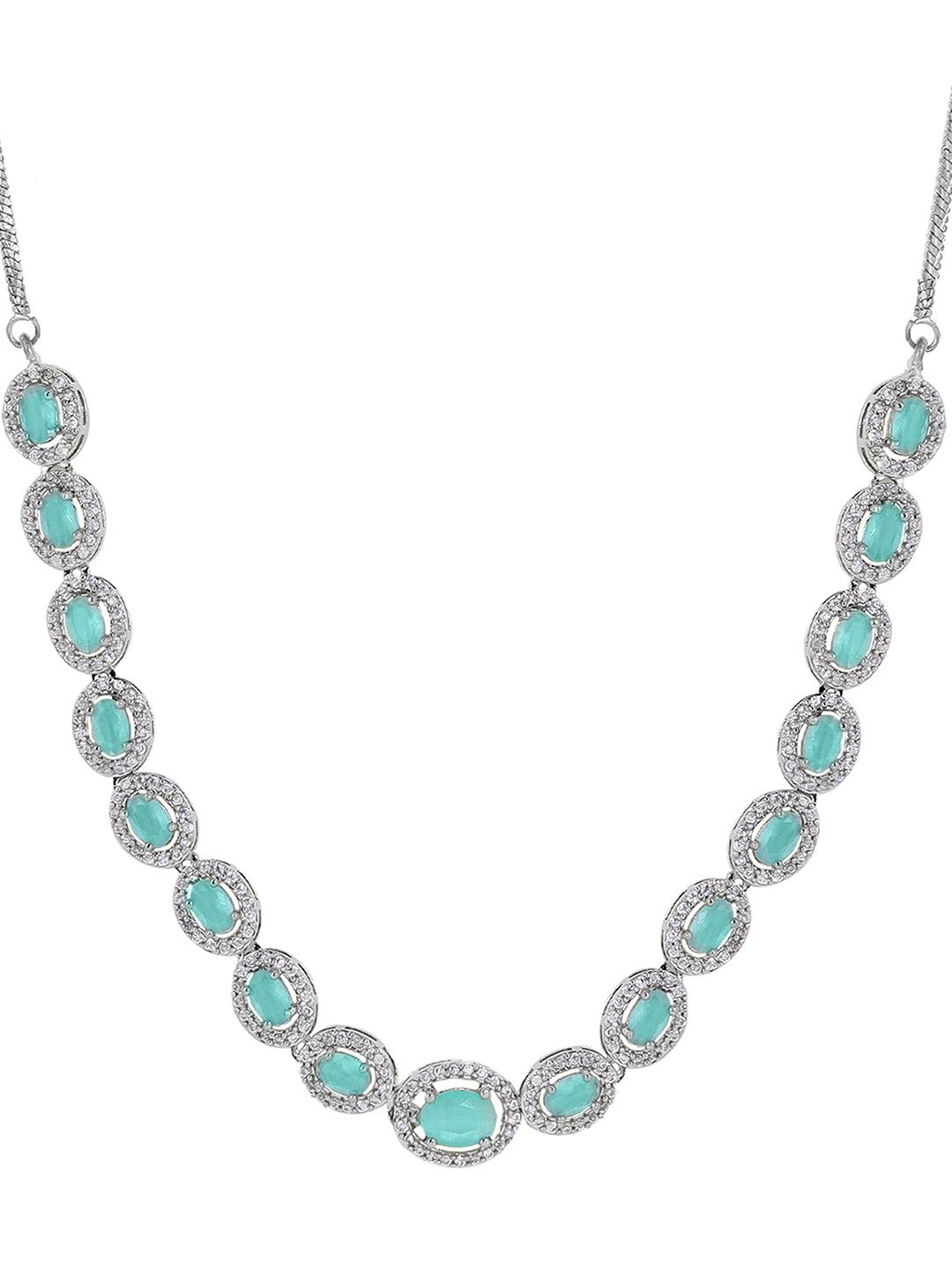 Priyaasi AD Mint Stones Geometrical Pattern Silver Plating Necklace with Drop Style Earrings Jewellery Set