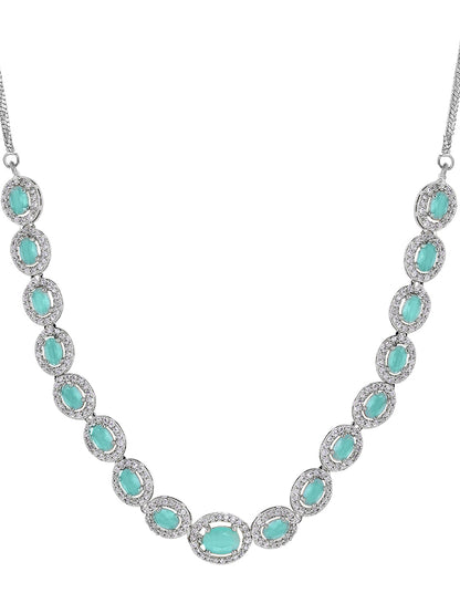 Priyaasi AD Mint Stones Geometrical Pattern Silver Plating Necklace with Drop Style Earrings Jewellery Set