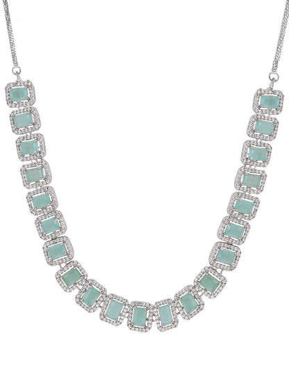 Priyaasi Timeless Elgeance AD Mint Stone Geometrical Pattern Necklace with MIni Drop Earrings Jewellery Set