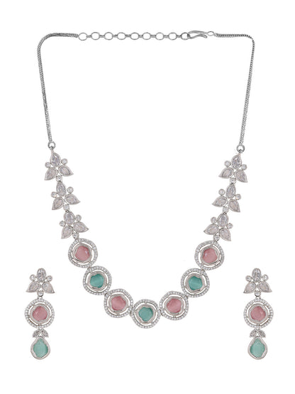 Priyaasi Floral Dual Color AD Fashion Necklace with Drop Style Earrings Jewellery Set