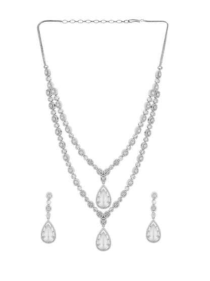 Priyaasi Geometrical AD Two layered Transparent Stone Pendant Necklace with Drop Earrings Silver Plated Jewellery Set