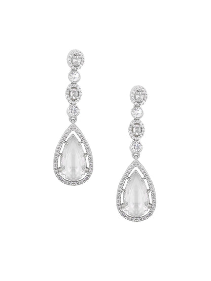 Priyaasi Geometrical AD Two layered Transparent Stone Pendant Necklace with Drop Earrings Silver Plated Jewellery Set