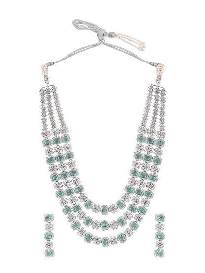 Priyaasi Floral Emerald AD Design Three Layered Necklace with Elegance Drop Earrings Jewellery Set