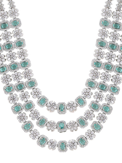 Priyaasi Floral Emerald AD Design Three Layered Necklace with Elegance Drop Earrings Jewellery Set