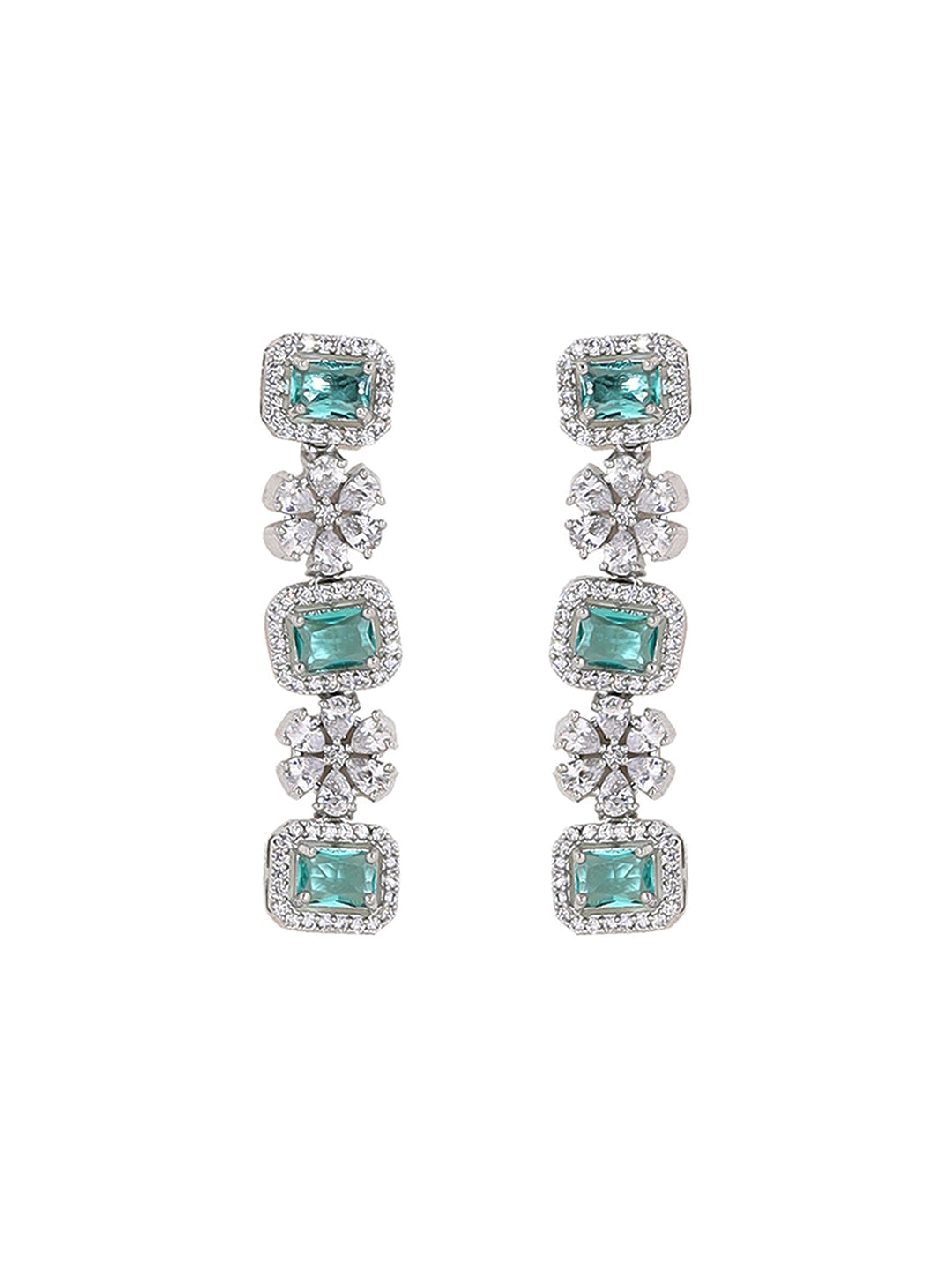 Priyaasi Floral Emerald AD Design Three Layered Necklace with Elegance Drop Earrings Jewellery Set