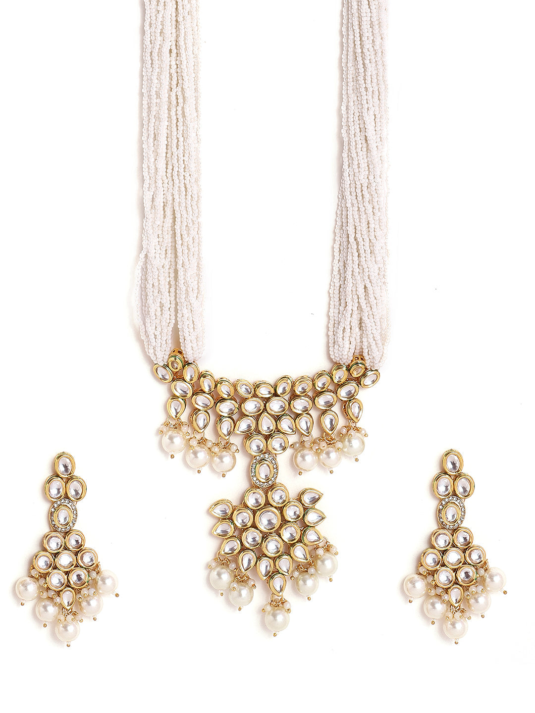 Priyaasi Fresh Water Pearl Kundan White Necklace with Kundan Floral Earring Gold Plated Jewellery Set