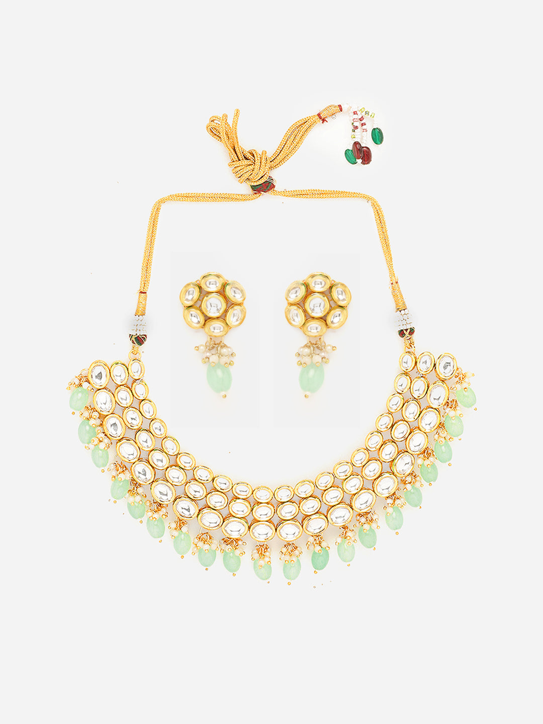 Priyaasi Simple Mint Beads Kundan Elegance with Floral Kundan Earrings Jewellery Set