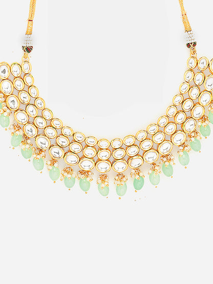 Priyaasi Simple Mint Beads Kundan Elegance with Floral Kundan Earrings Jewellery Set