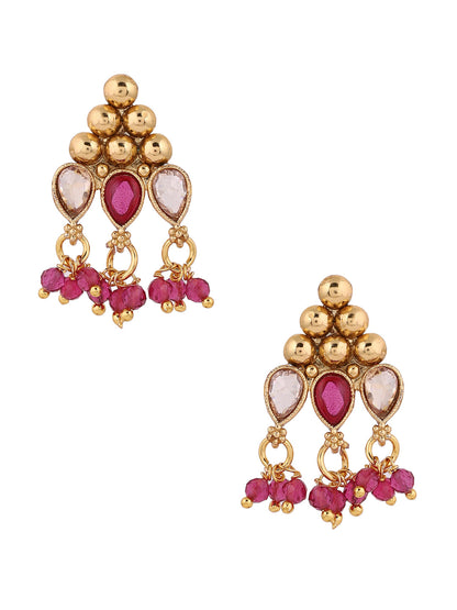 Gold Ruby Stoned Beads Geometric Pattern Necklace Gold Plated with Mini Earrings Jewellery Set
