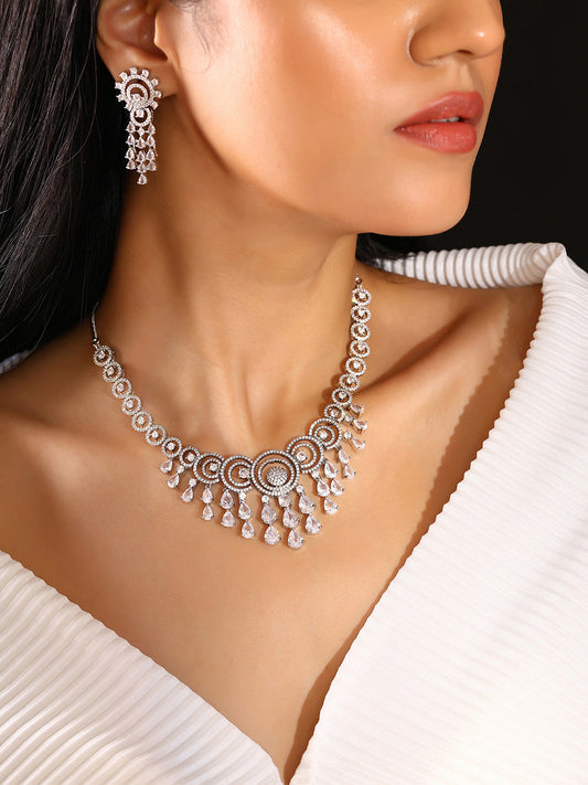 Priyaasi AD Statement Elegance Silver Plating Necklace with Geometry Pattern Drop earrings Jewellery Set