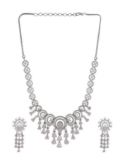 Priyaasi AD Statement Elegance Silver Plating Necklace with Geometry Pattern Drop earrings Jewellery Set