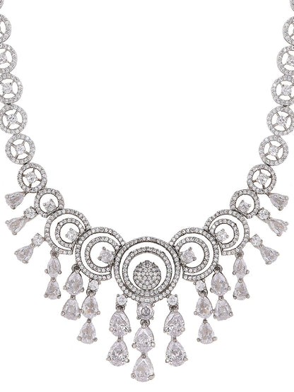 Priyaasi AD Statement Elegance Silver Plating Necklace with Geometry Pattern Drop earrings Jewellery Set