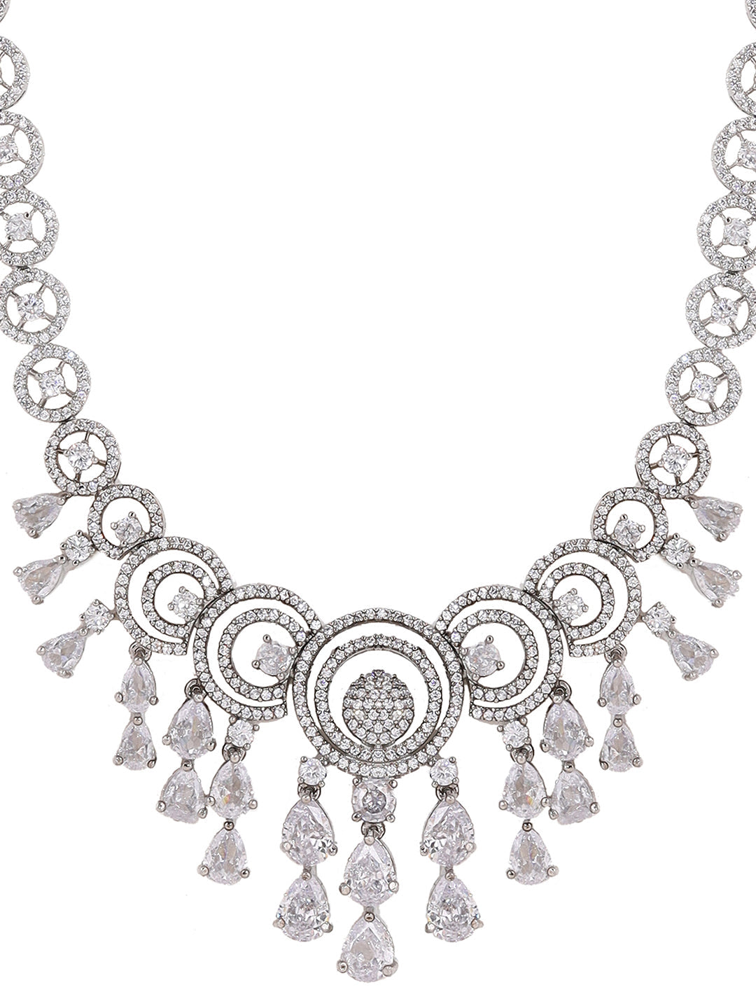 Priyaasi AD Statement Elegance Silver Plating Necklace with Geometry Pattern Drop earrings Jewellery Set
