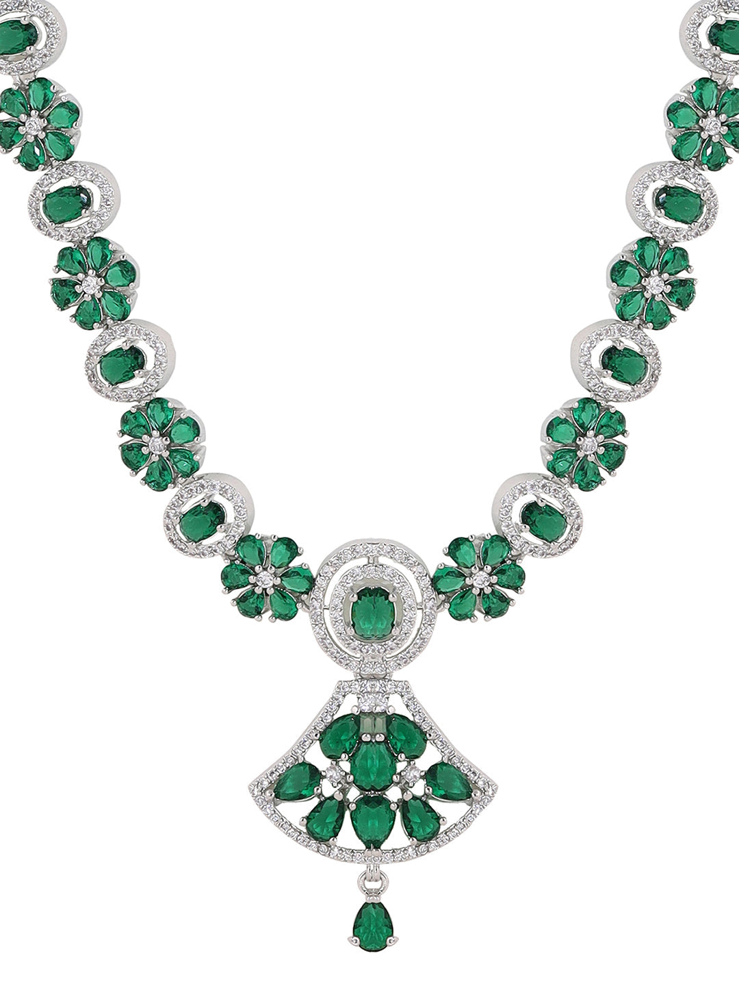 Priyaasi Emerald Floral Design Silver Plating AD Necklace with Drop Earrings Jewellery Set
