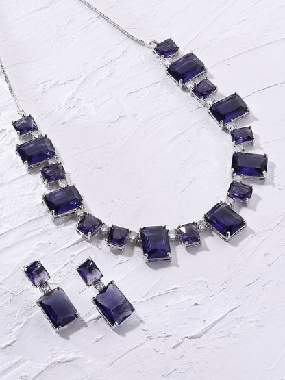 Priyaasi Purple Geometrical Design Silver Plating Necklace with Elegant Drop Earrings Jewellery Set