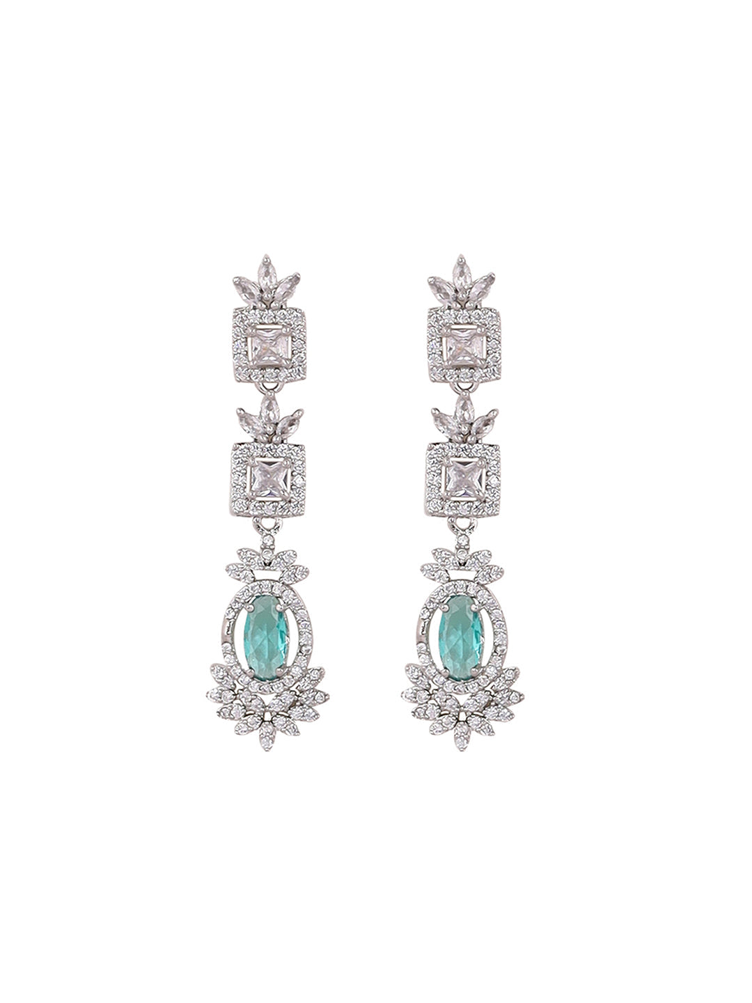 Priyaasi Mint Stone AD Elegance Two Layered Floral Necklace with Elegant Drop Earrings Jewellery Set