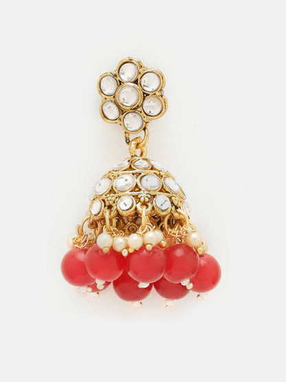 Priyaasi Floral Design Red Beads Necklace Jhumki Earrings Gold Plated Maangtika Jewellery Set