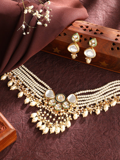 Statement Kundan Elegance Pearl Gold Plated Choker Necklace with Drop Earrings Jewellery Set