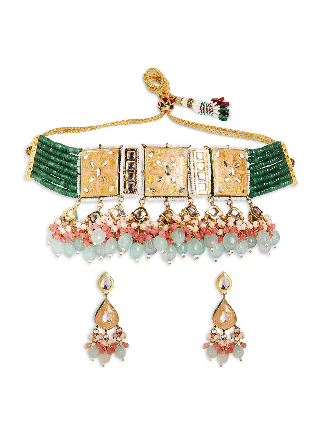 Peach Geometric style with Emerald Beads Gold Plated Necklace with Kundan Drop Pattern Earrings Jewellery Set