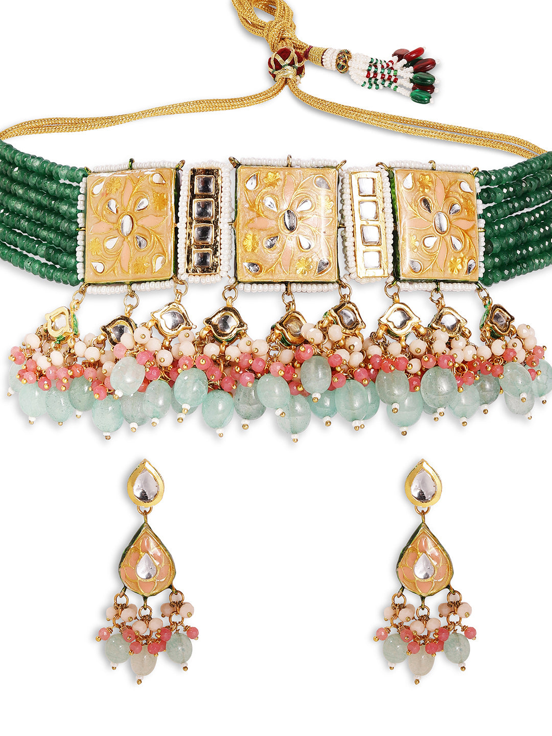 Peach Geometric style with Emerald Beads Gold Plated Necklace with Kundan Drop Pattern Earrings Jewellery Set