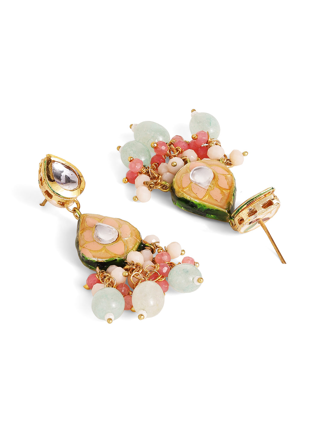 Peach Geometric style with Emerald Beads Gold Plated Necklace with Kundan Drop Pattern Earrings Jewellery Set