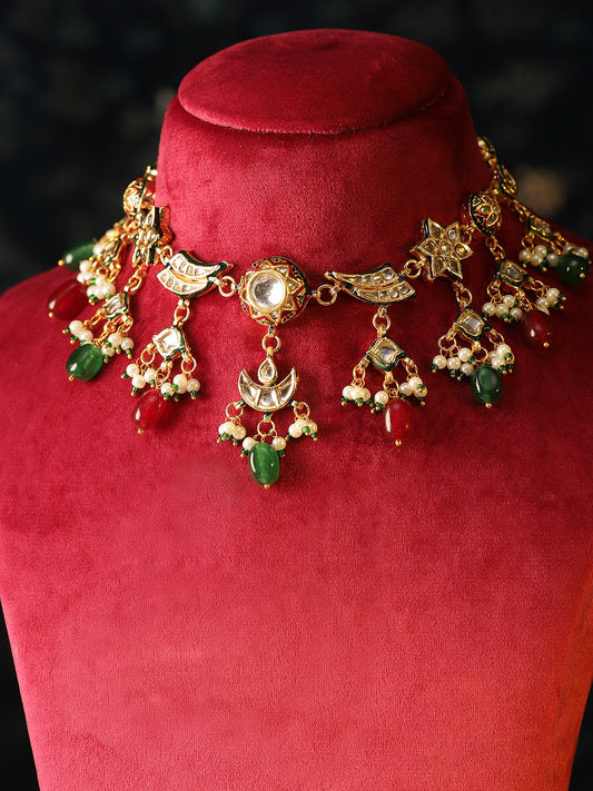 Premium Elegance Gold Plated Ruby Green Beads Kundan Necklace with Drop Style Earrings Jewellery Set
