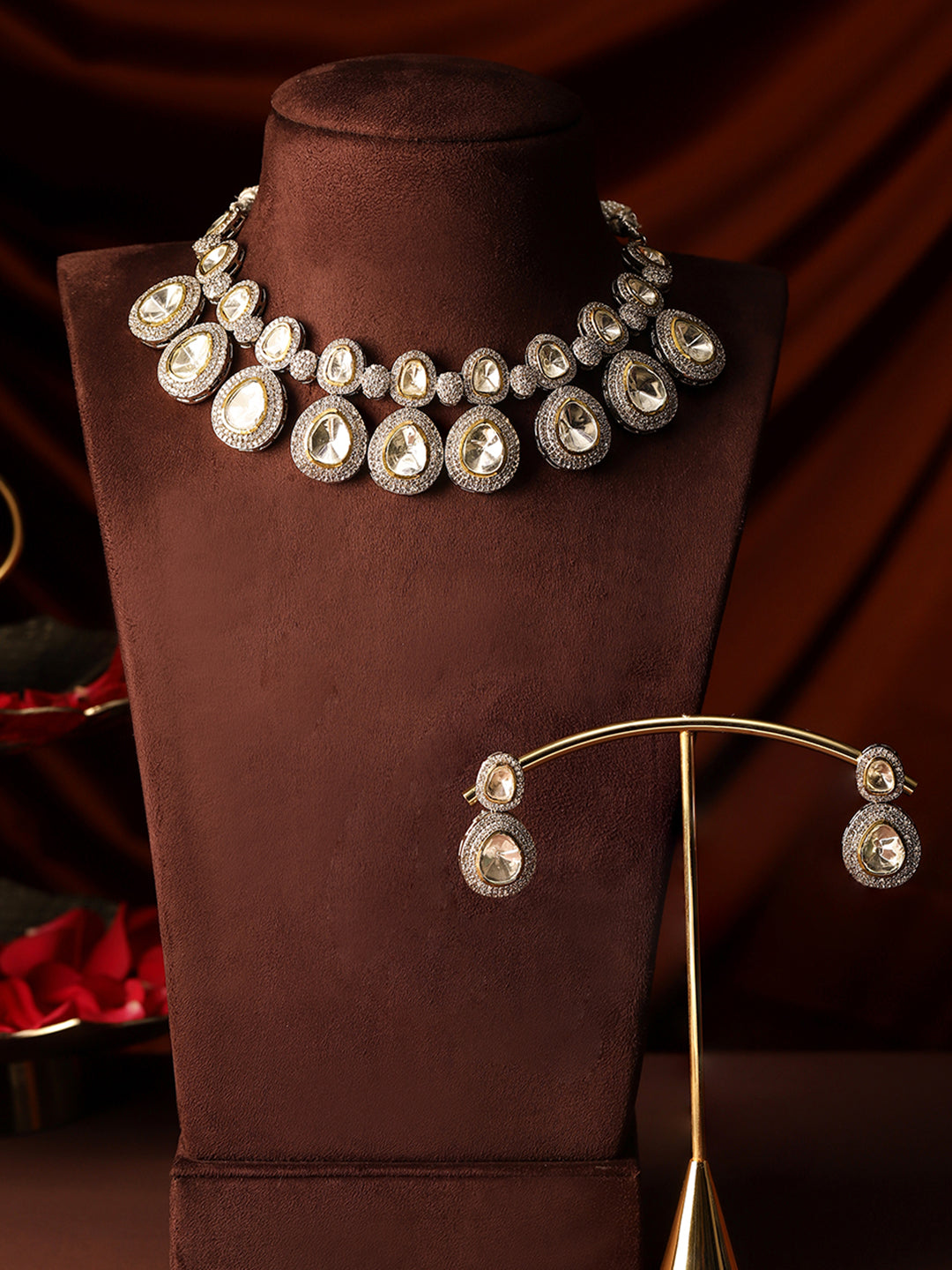 Silver Plated Polki Drop Elegance White Stones Necklace with Drop Earrings Jewellery Set