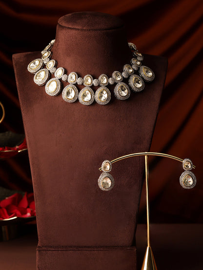 Silver Plated Polki Drop Elegance White Stones Necklace with Drop Earrings Jewellery Set