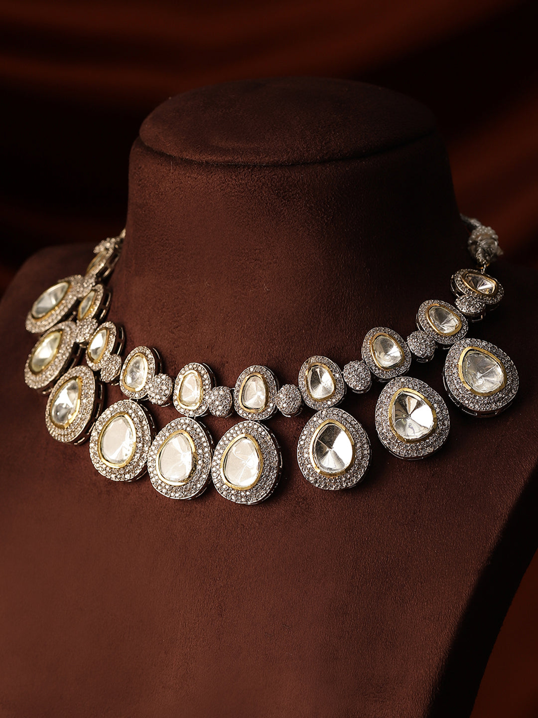 Silver Plated Polki Drop Elegance White Stones Necklace with Drop Earrings Jewellery Set